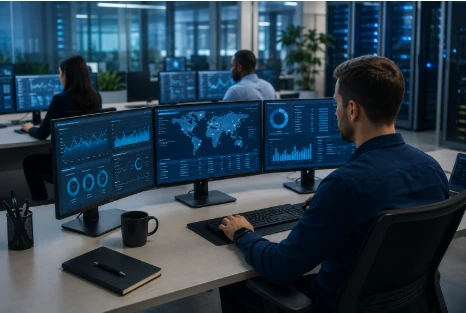 IT professionals monitoring network performance and cybersecurity systems to reduce downtime for businesses, showcasing managed IT services and technology support solutions by ZetaOne, Inc. in Coldwater, Michigan.